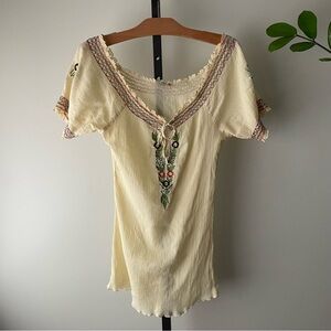 Vintage Boho Embroidered Floral 100% Cotton Off Shoulder Blouse Top Shirt Yellow